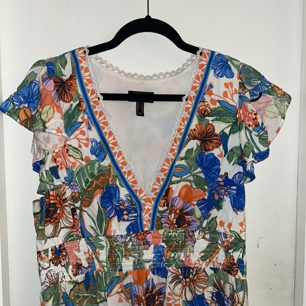 Adrianna By Adrianna Papell Floral Smocked  Waist Flutter Sleeved Dress Size 14 - Picture 3 of 8